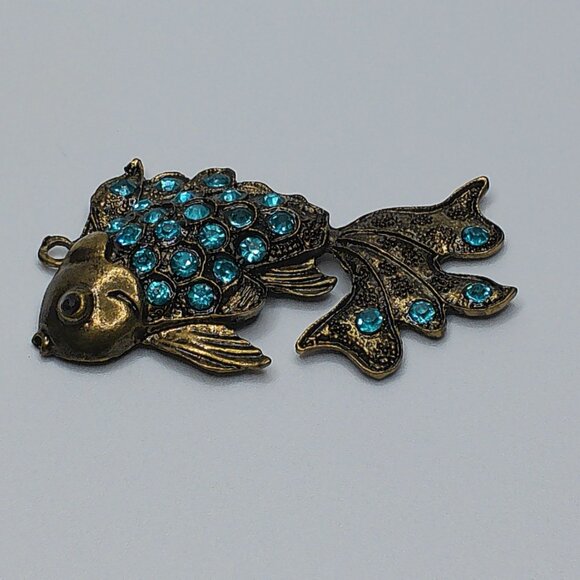 Blue Golden Fish Pendant, gold color, blue rhinestone, shiny crystals details - Picture 4 of 9
